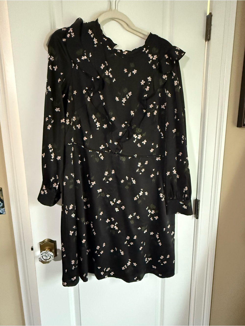 Ann Taylor Black Long-Sleeve Floral Ruffle Dress